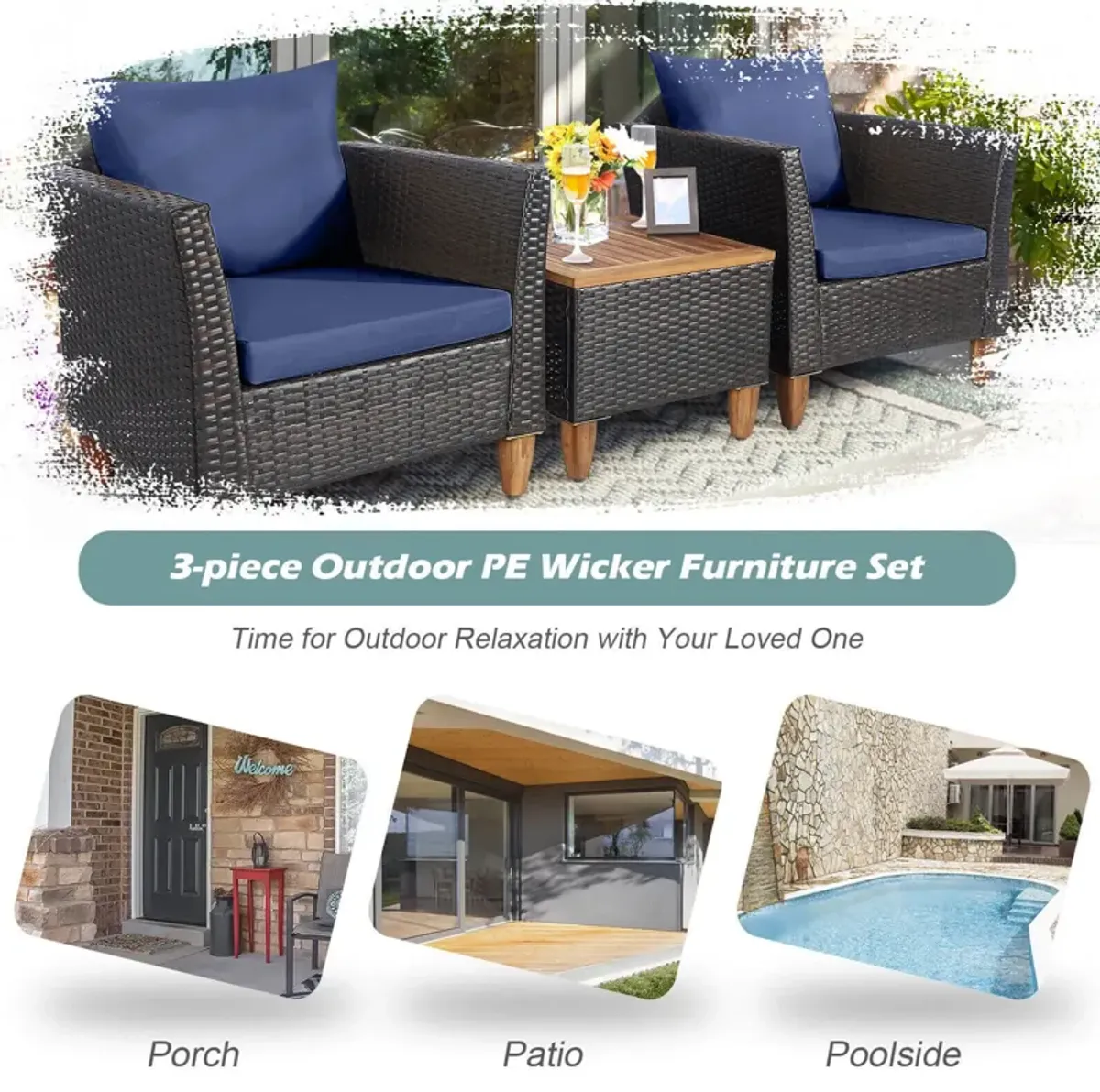 3 Pieces Patio Rattan Bistro Furniture Set with Wooden Table Top