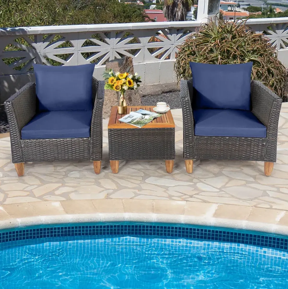 3 Pieces Patio Rattan Bistro Furniture Set with Wooden Table Top