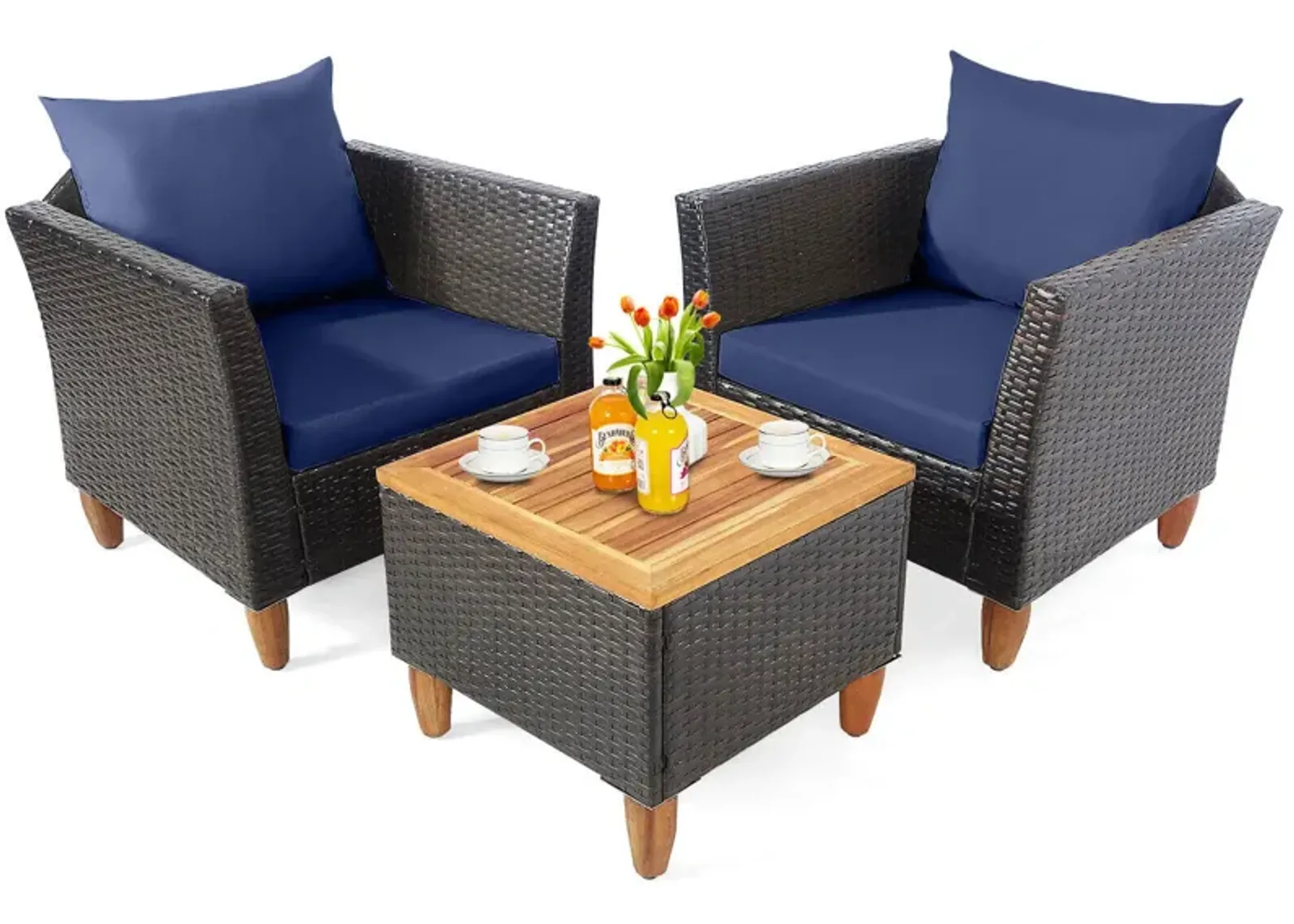 3 Pieces Patio Rattan Bistro Furniture Set with Wooden Table Top