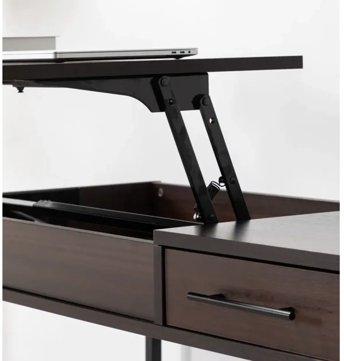 Juno Dark Brown Wood Lift Top Desk With Hidden Storage And Drawer