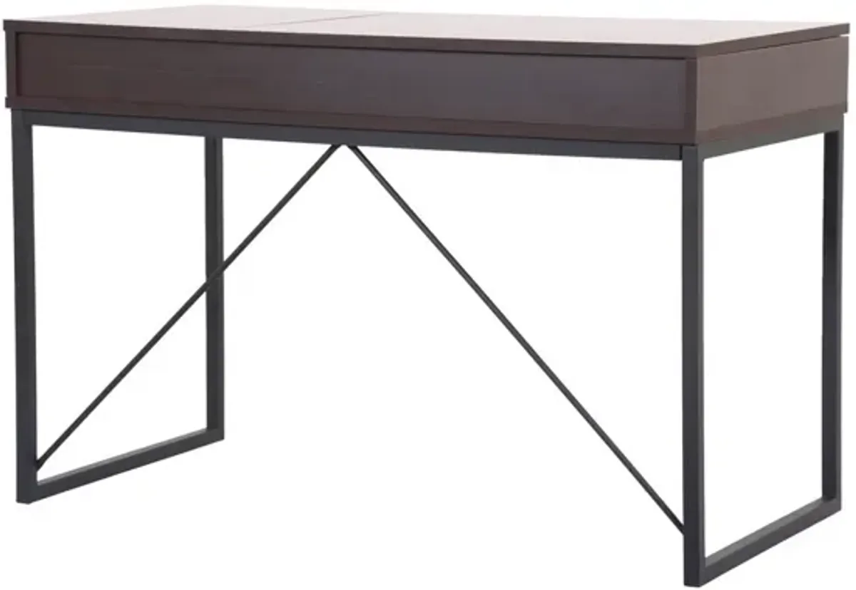 Juno Dark Brown Wood Lift Top Desk With Hidden Storage And Drawer