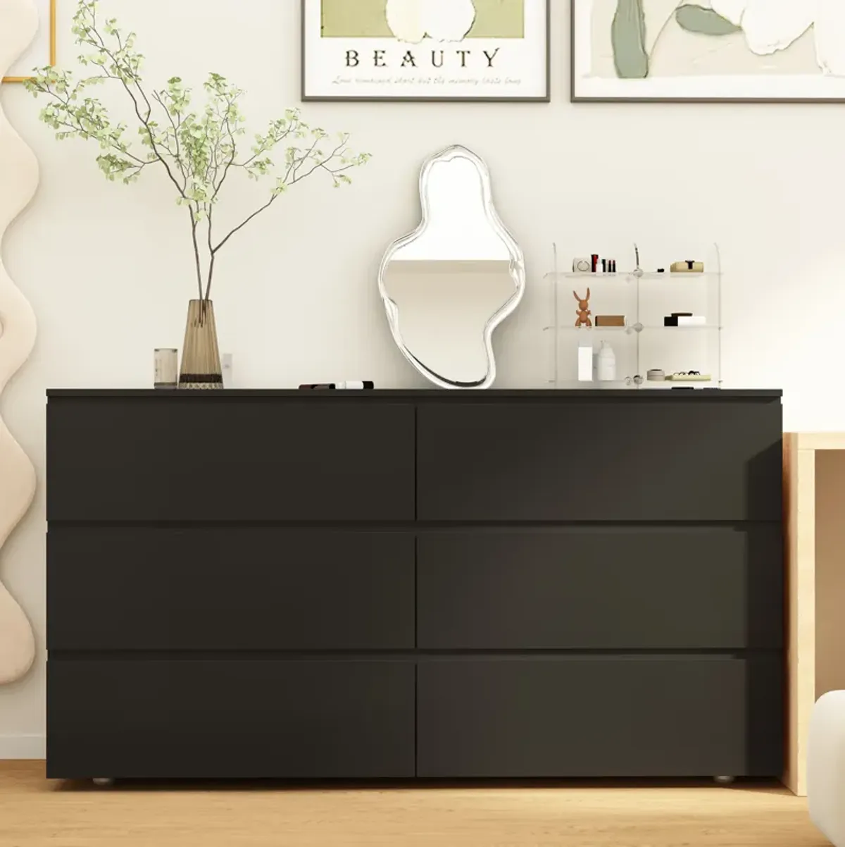 59" L Modern Wood Storage Dresser Chest with 6 Drawers, Double Chest, Anti-Skid Legs & Wide Storage Space for Bedroom, Living Room, Black
