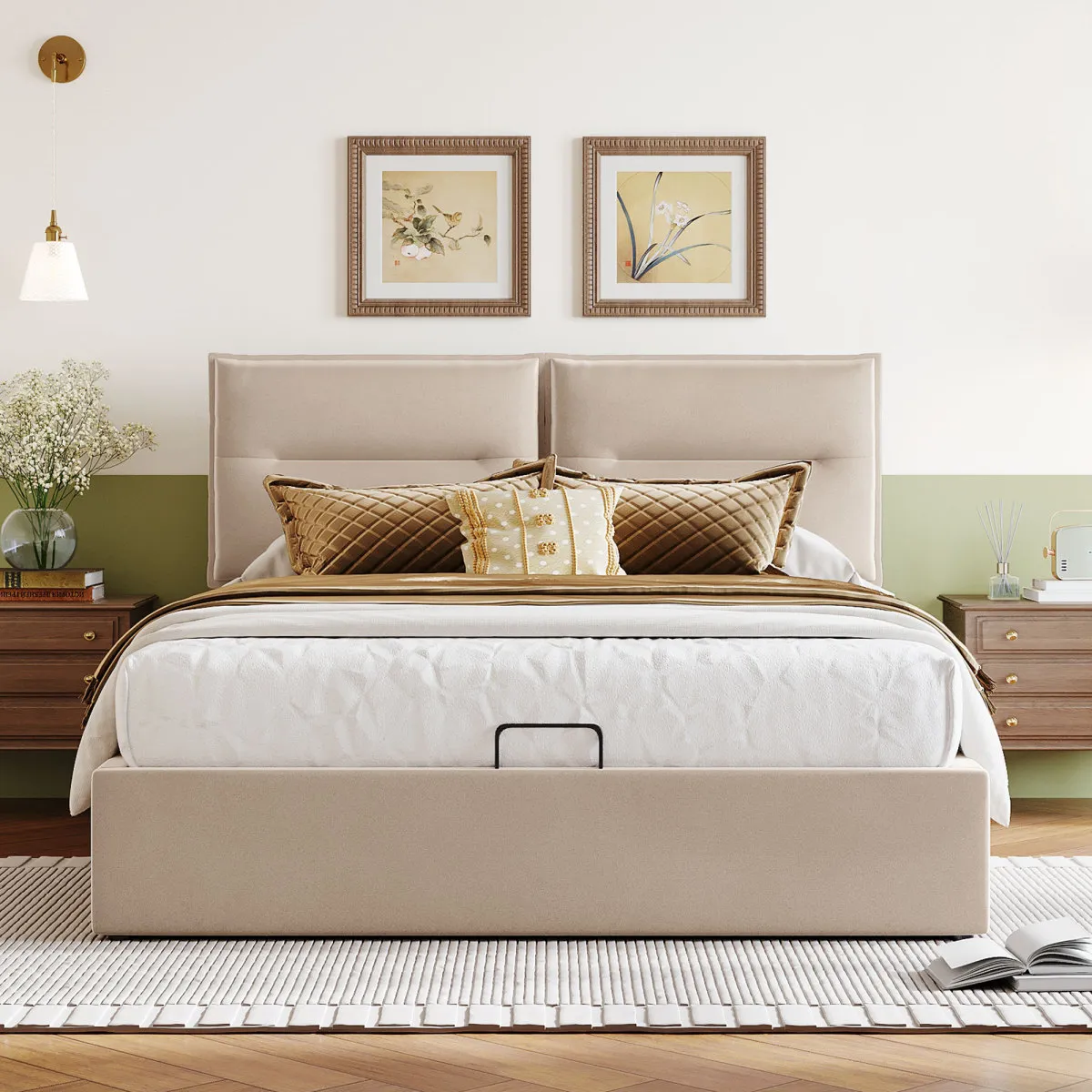 Upholstered Platform bed with a Hydraulic Storage System, Queen size, Beige
