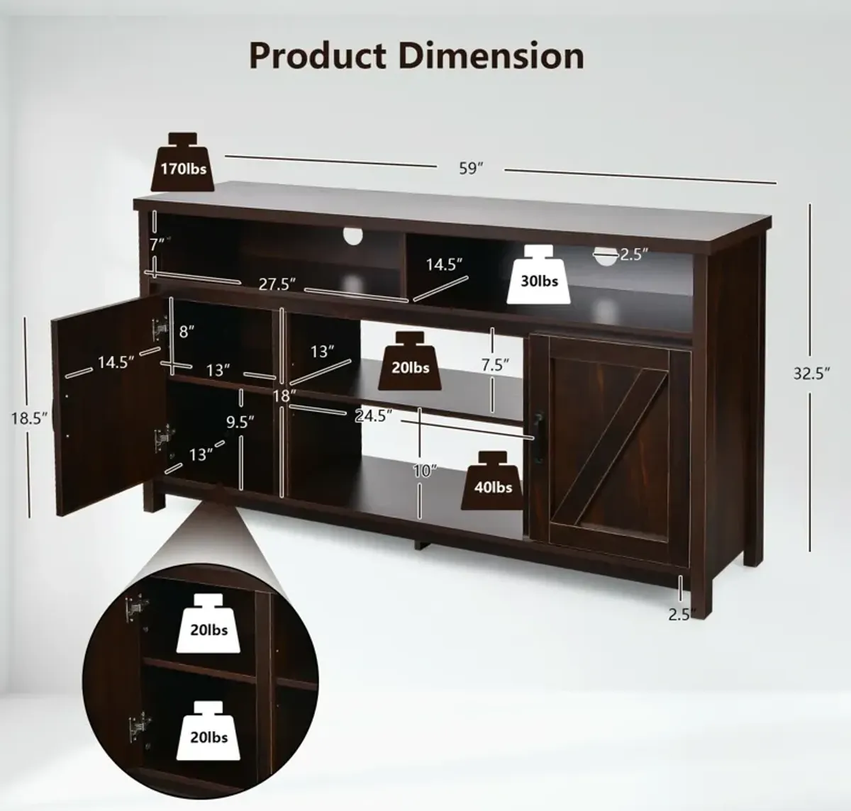 59 Inch TV Stand Media Center Console Cabinet with Barn Door for TV's 65 Inch