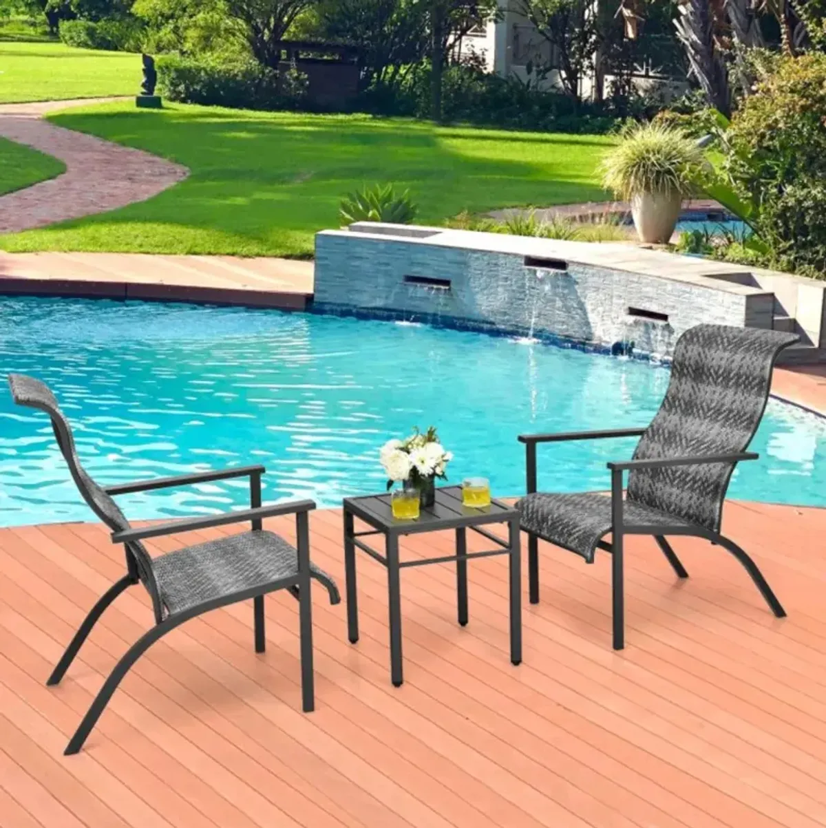 Hivvago 3 Pieces Patio Rattan Bistro Set with High Backrest and Armrest