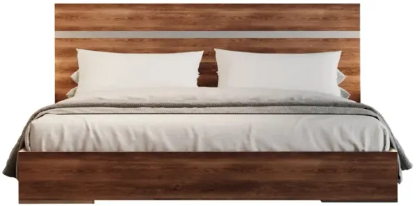 Noe In King Size Bed, Steel Accent Panel Headboard, Light Brown Wood - Benzara