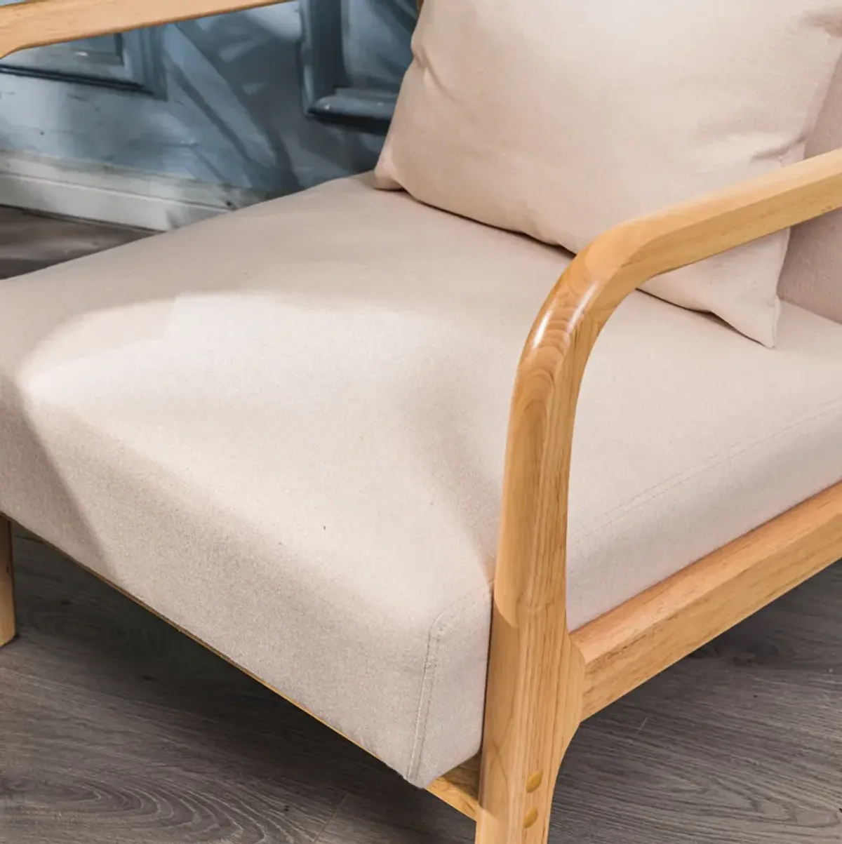 OHAMA Wood and Beige Fabric Lounge Chair