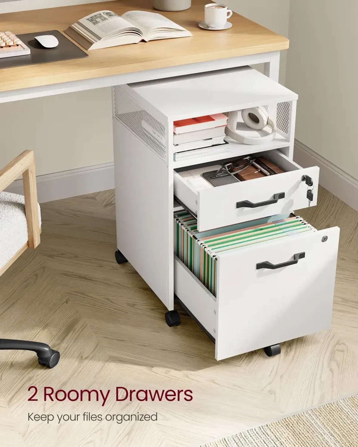 Secure File Cabinet with Lock and 2 Storage Drawers for Hanging File Folders