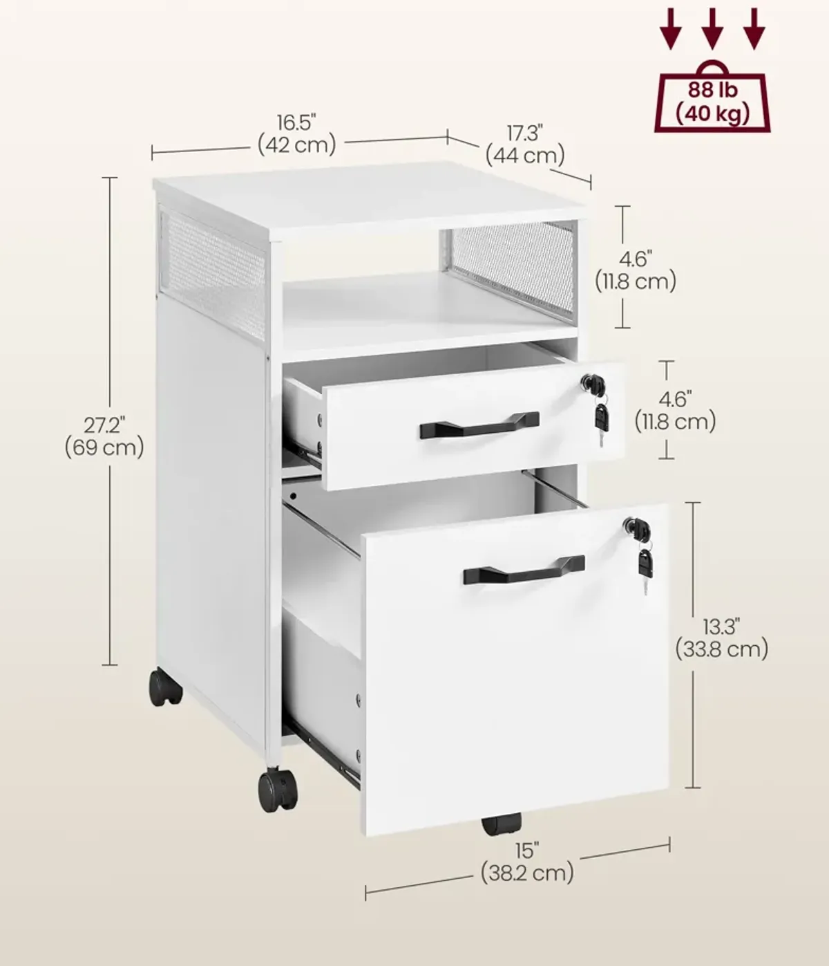 Secure File Cabinet with Lock and 2 Storage Drawers for Hanging File Folders