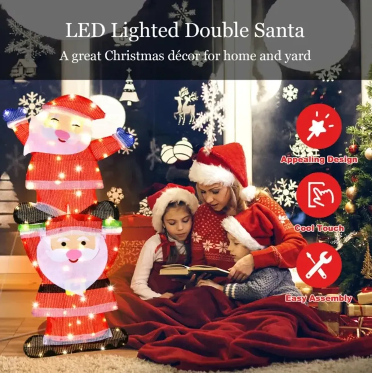 Hivvago LED Double Santa Yard Christmas Decoration with String Lights and Stakes