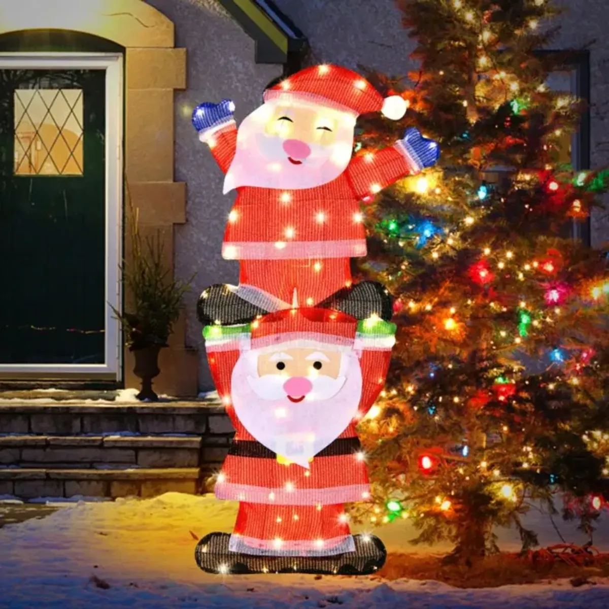 Hivvago LED Double Santa Yard Christmas Decoration with String Lights and Stakes