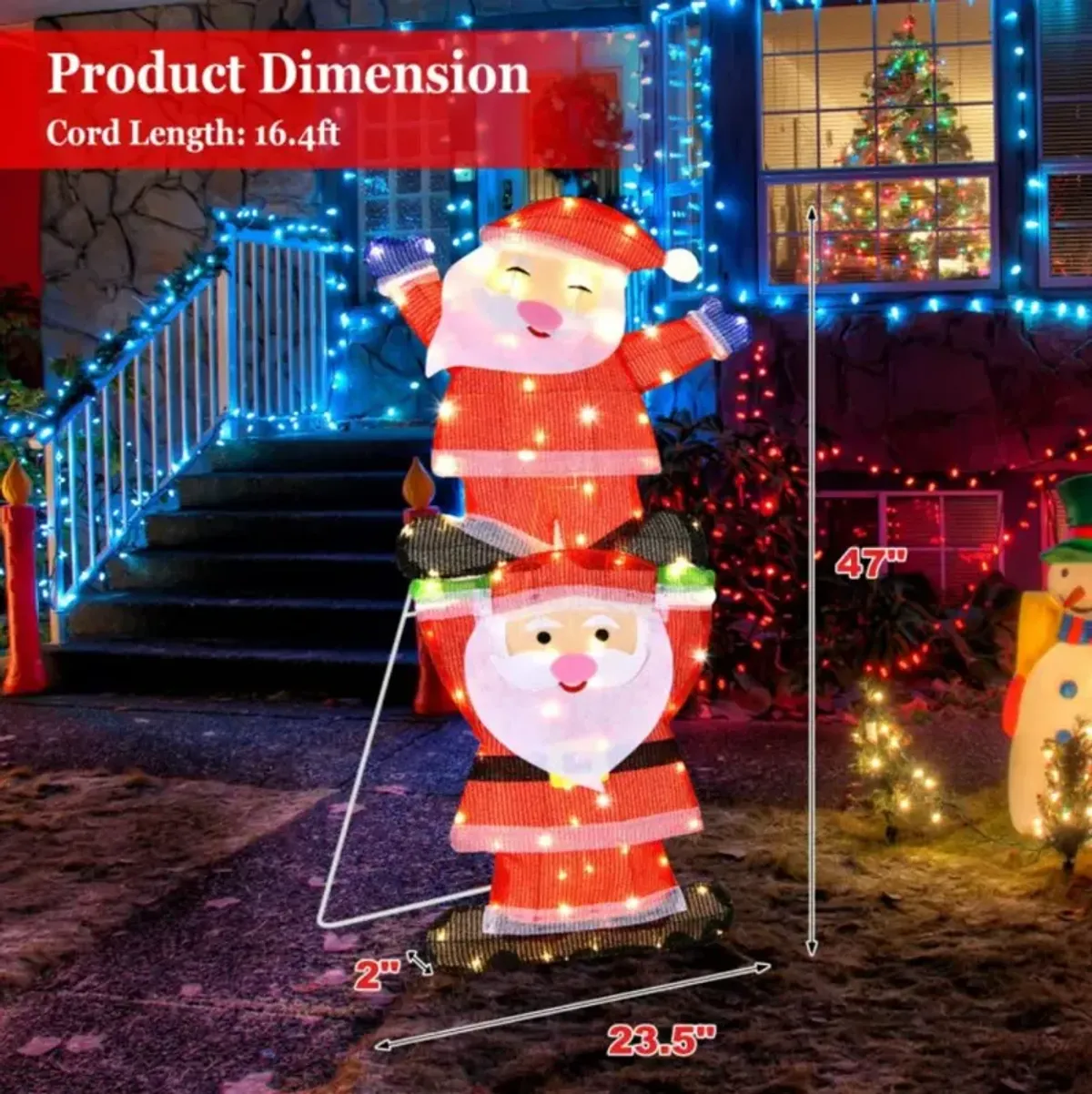 Hivvago LED Double Santa Yard Christmas Decoration with String Lights and Stakes