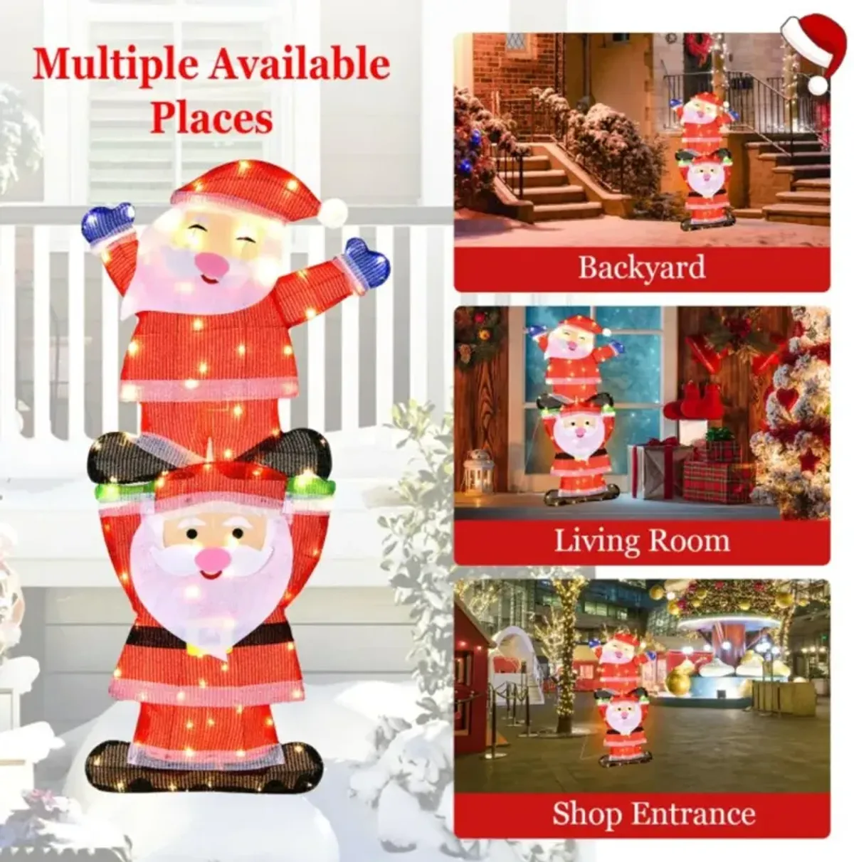 Hivvago LED Double Santa Yard Christmas Decoration with String Lights and Stakes