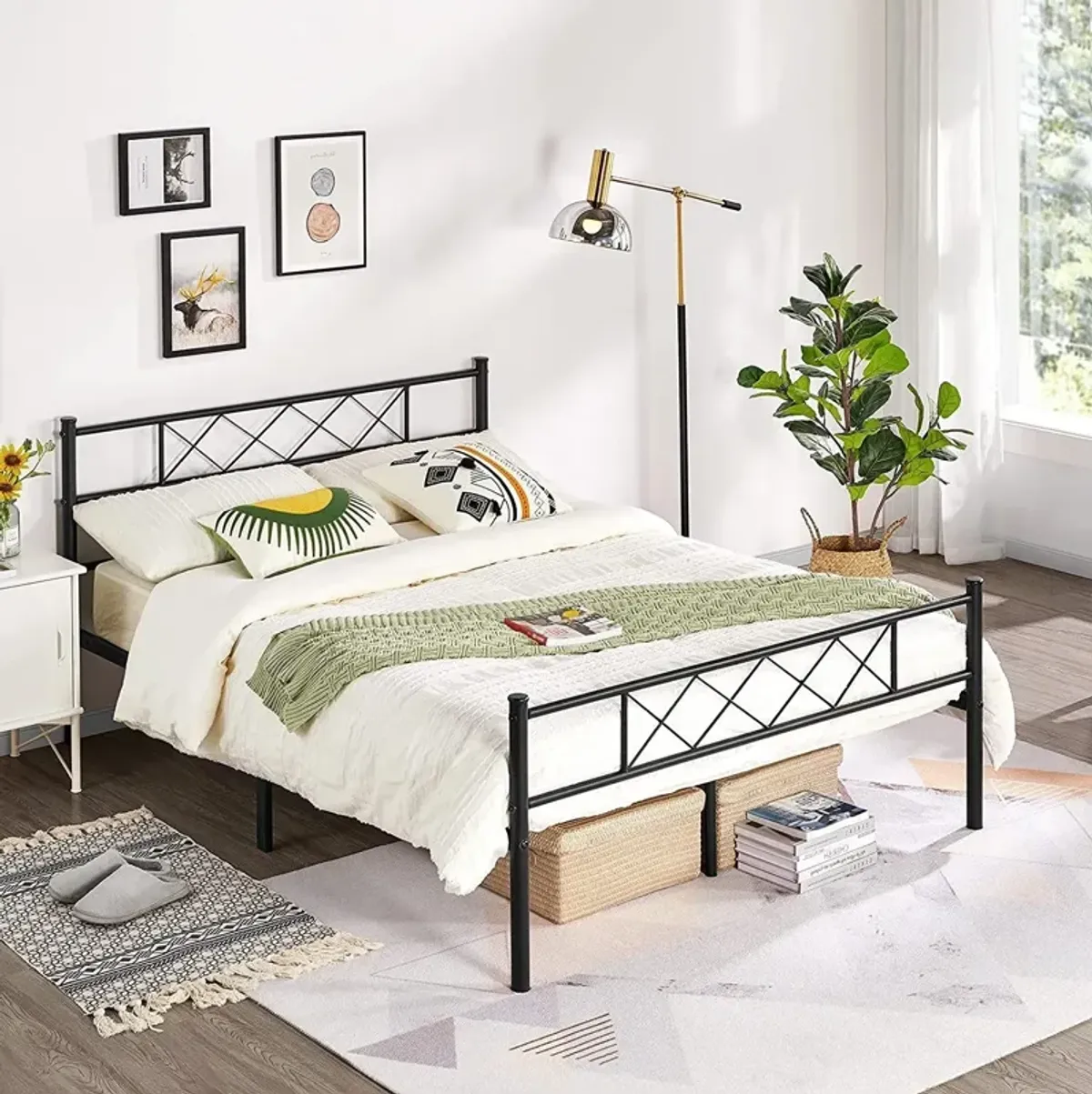 QuikFurn Full Size Traditional Powder Coated Slatted Metal Platform Bed