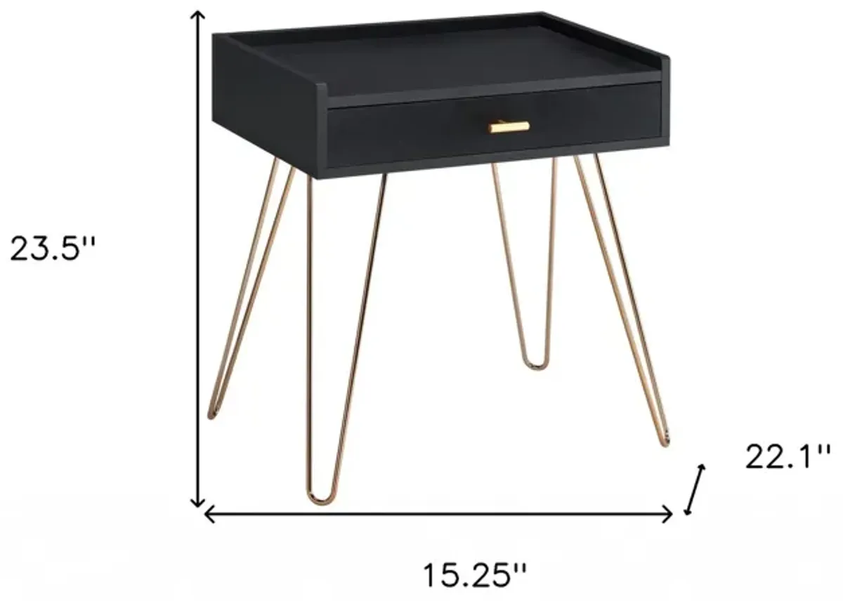 Homezia 24" Gold And Black Modern Rectangular End Table With Drawer