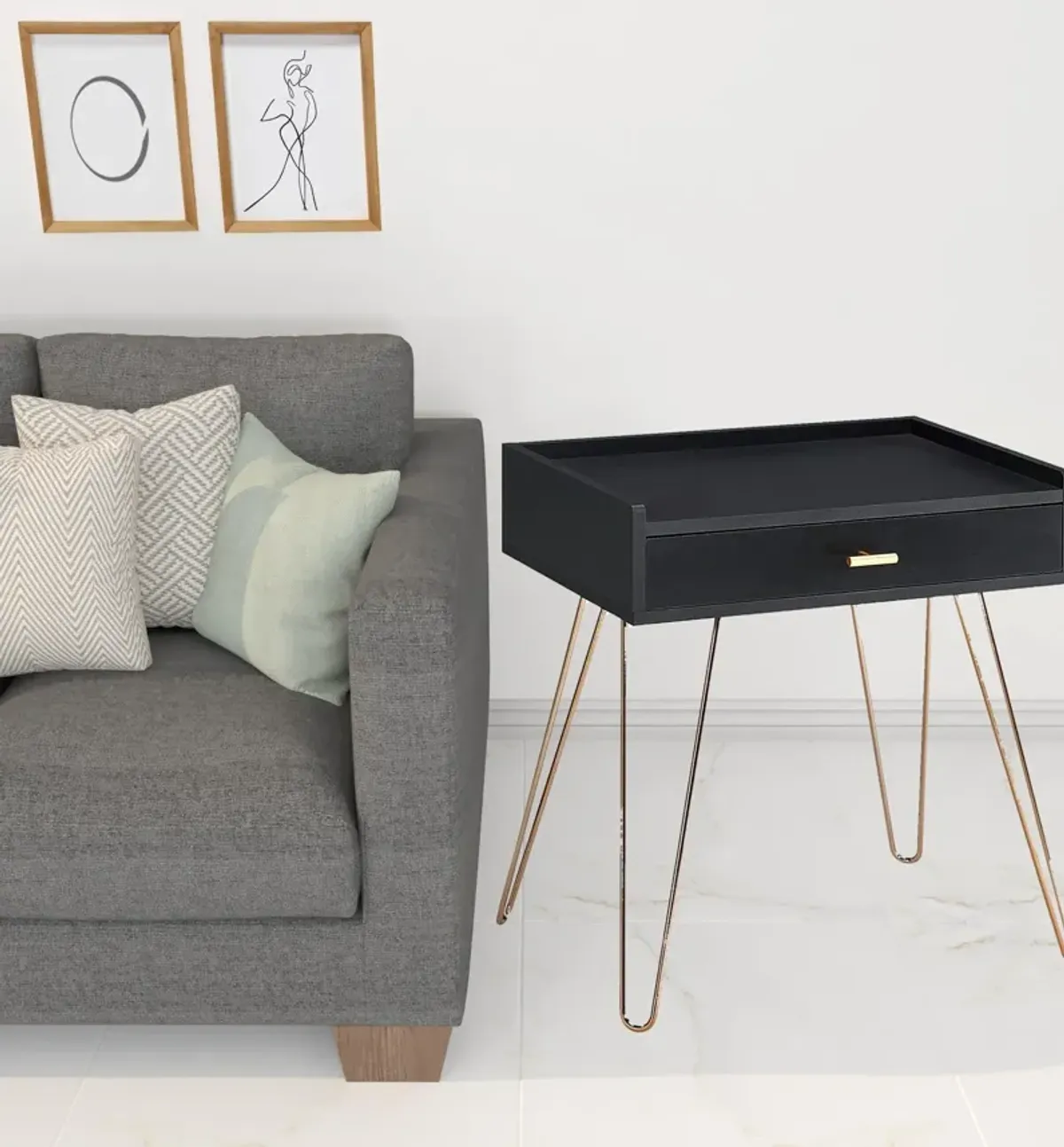 Homezia 24" Gold And Black Modern Rectangular End Table With Drawer