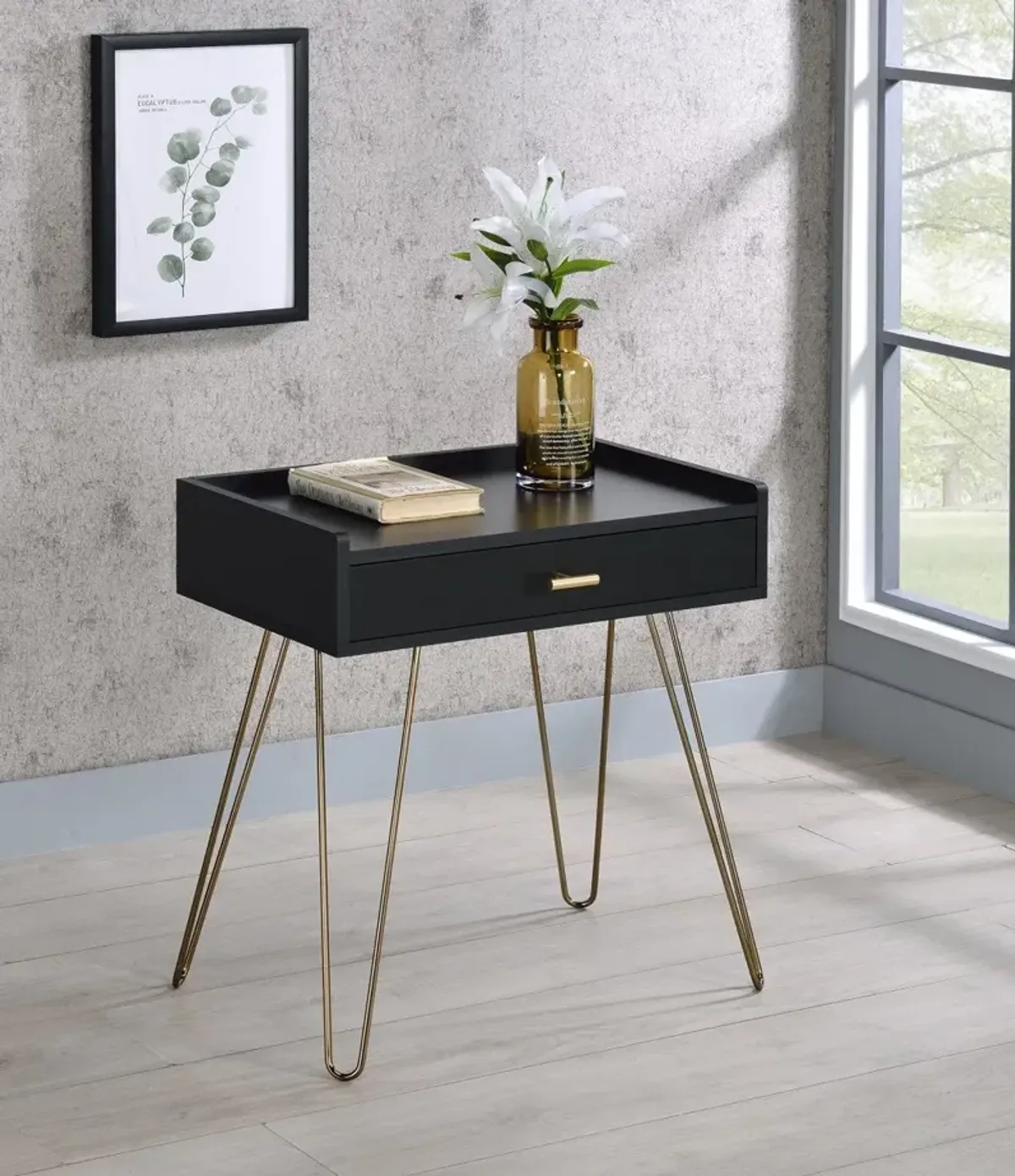 Homezia 24" Gold And Black Modern Rectangular End Table With Drawer