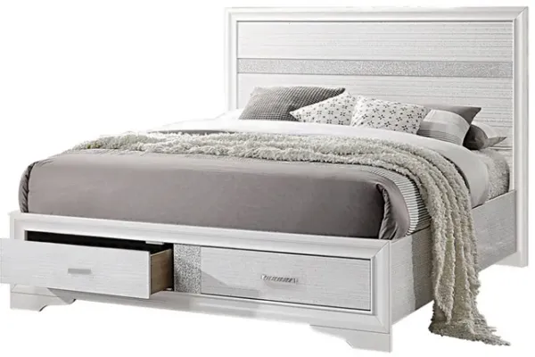Contemporary Queen Bed with Drawers and Glittering Stripes, White - Benzara