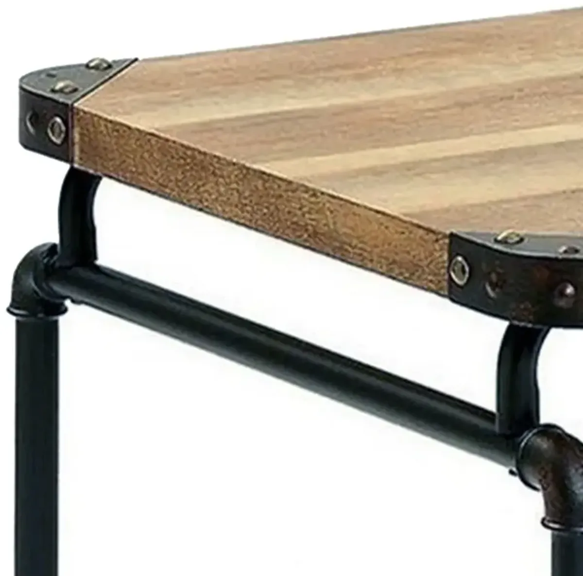 47 Inch Writing Desk, Industrial Caster Wheel, Black Metal, Brown Wood - Benzara