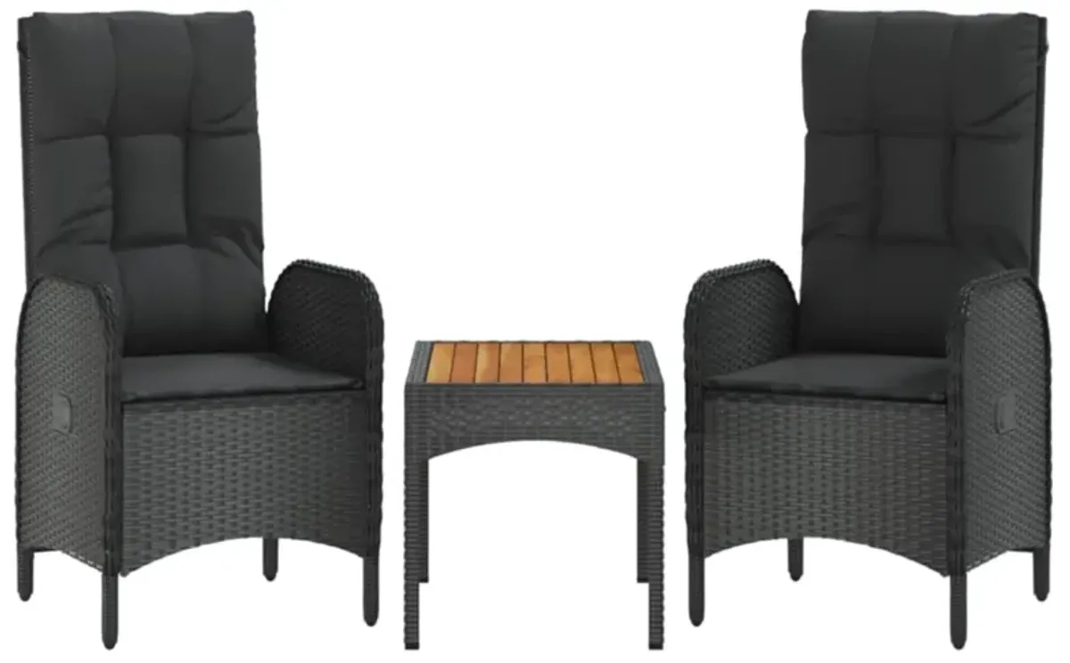 vidaXL 3 Piece Patio Lounge Set with Cushions Black Poly Rattan