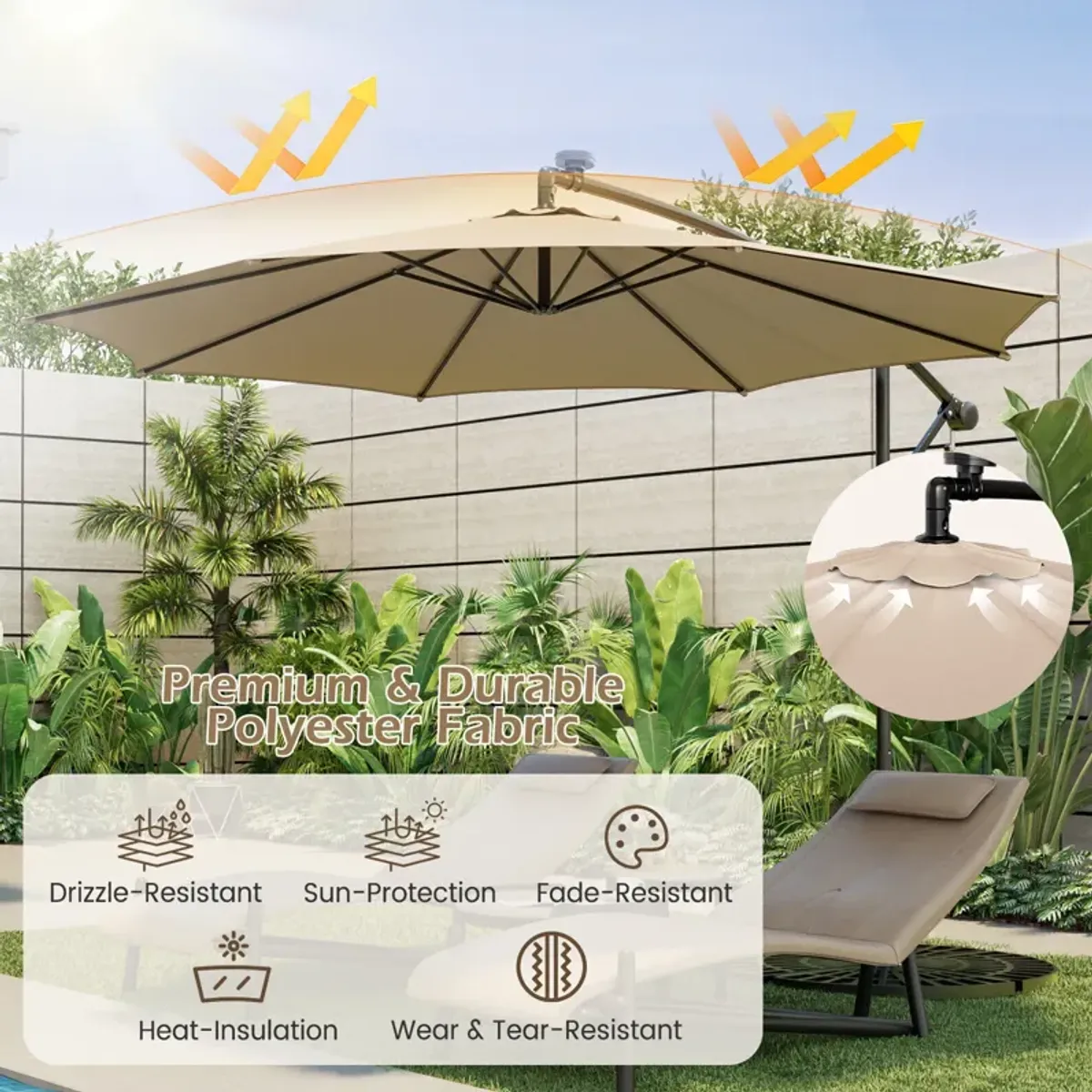 10-Foot Patio Offset Umbrella with 112 Solar-Powered LED Lights for Outdoor Shade and Illumination