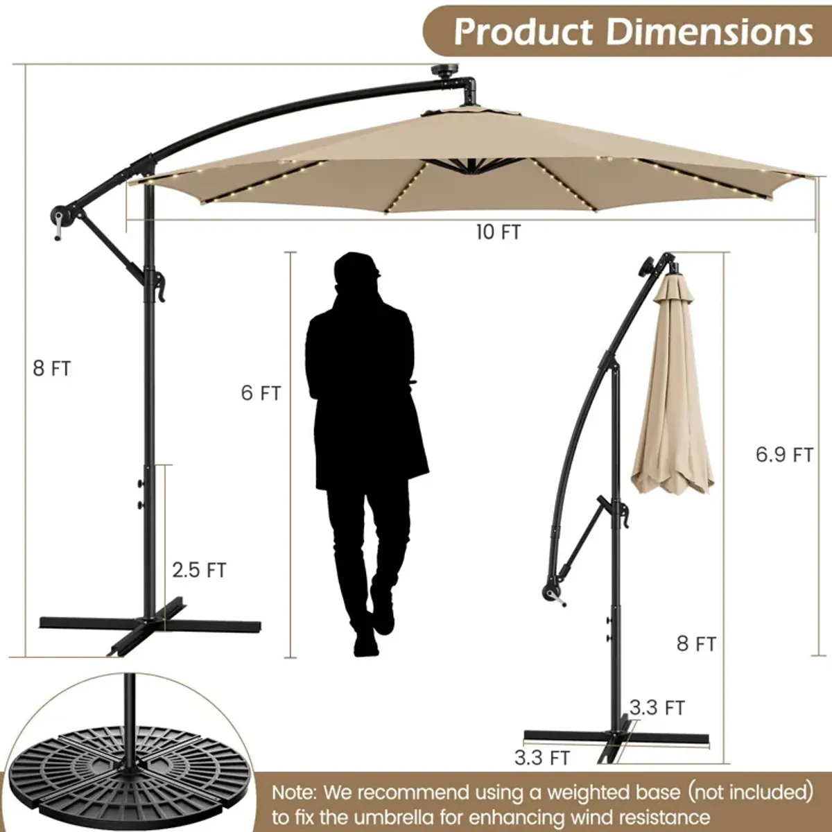 10-Foot Patio Offset Umbrella with 112 Solar-Powered LED Lights for Outdoor Shade and Illumination