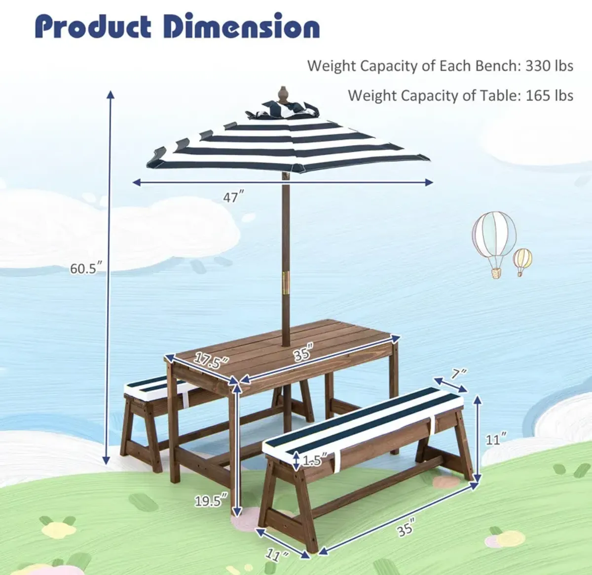 Kids Picnic Table and Bench Set with Cushions and Height Adjustable Umbrella