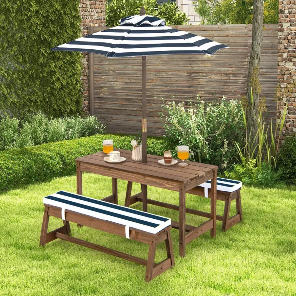 Kids Picnic Table and Bench Set with Cushions and Height Adjustable Umbrella