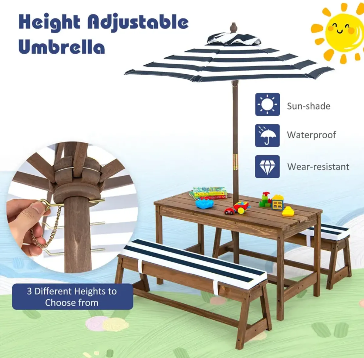 Kids Picnic Table and Bench Set with Cushions and Height Adjustable Umbrella