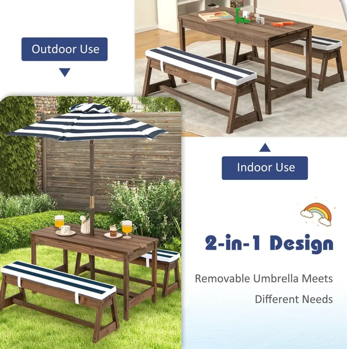 Kids Picnic Table and Bench Set with Cushions and Height Adjustable Umbrella