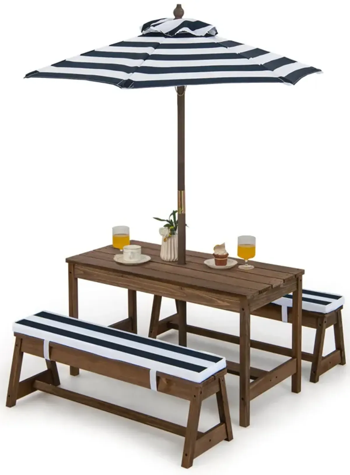 Kids Picnic Table and Bench Set with Cushions and Height Adjustable Umbrella