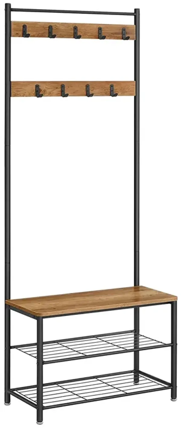 69 Inch Clothing Rack, 3 Shelves, 9 Hooks, Square Seat, Black Metal, Brown - Benzara