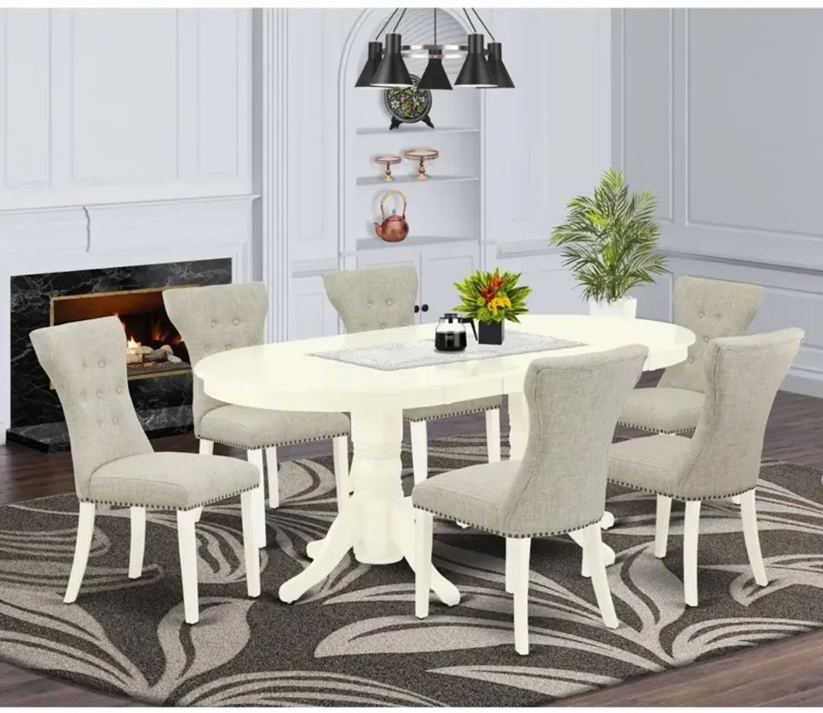 East West Furniture VAGA7-LWH-35 7-Piece modern dining table set- 6 parson chairs and butterfly leaf table hardwood structure -High back & Linen White Finish