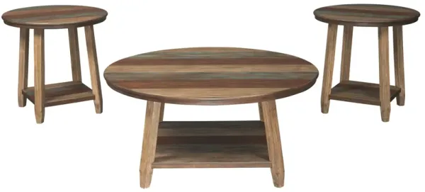 Rustic Plank Style Round Shape Cocktail and 2 End Tables, Set of 3, Brown- Benzara