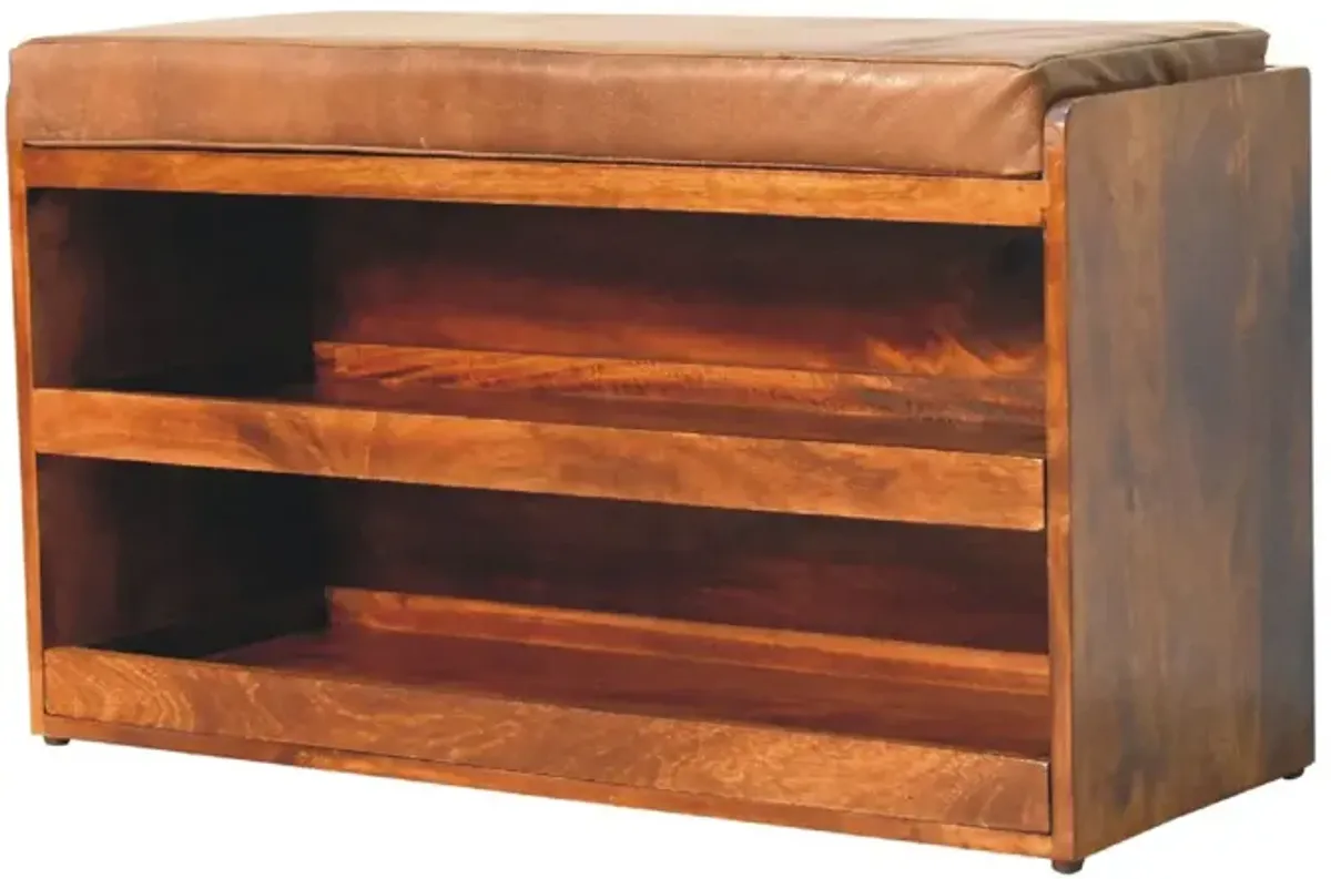 Artisan Furniture Buffalo Hide Pull out Chestnut Solid Wood  Shoe Storage Bench