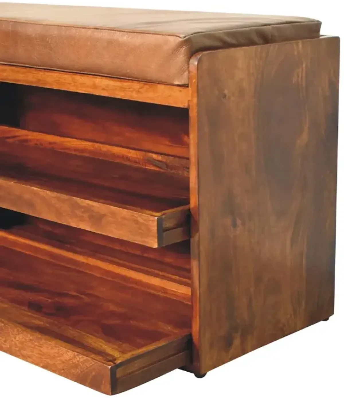 Artisan Furniture Buffalo Hide Pull out Chestnut Solid Wood  Shoe Storage Bench