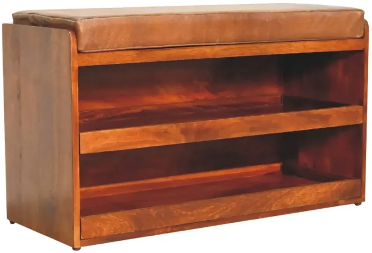 Artisan Furniture Buffalo Hide Pull out Chestnut Solid Wood  Shoe Storage Bench