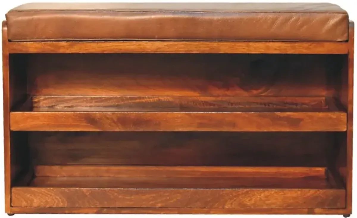 Artisan Furniture Buffalo Hide Pull out Chestnut Solid Wood  Shoe Storage Bench