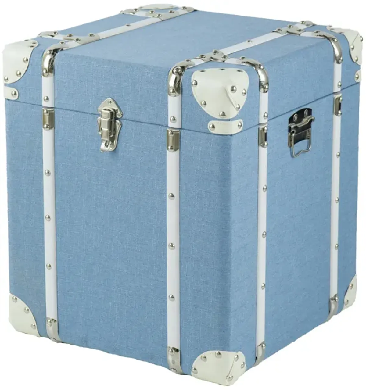 Vina 34 Inch Accent Storage Trunk Set of 2, Faux Leather, Blue Wood, White - Benzara