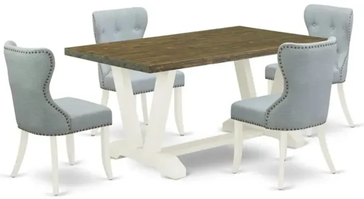 East West Furniture V076SI215-5 5-Piece Dining Table Set- 4 Upholstered Dining Chairs with Baby Blue Linen Fabric Seat and Button Tufted Chair Back - Rectangular Table Top & Wooden Legs - Distressed J