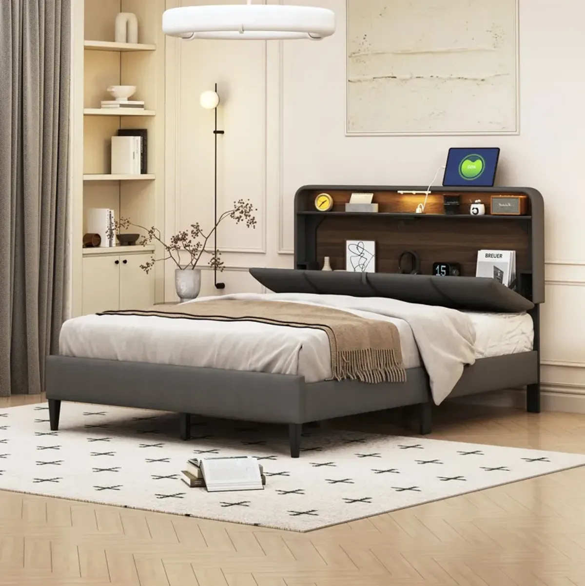 Merax Upholstered Platform Bed with Storage Headboard