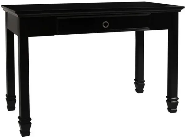 Single Drawer Wooden Desk with Metal Ring Pull and Tapered Legs, Black-Benzara