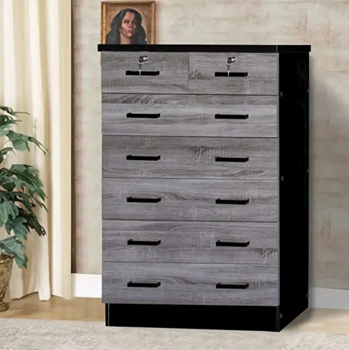 7 Drawer Chest Wooden Dresser with Lock (Gray + Black)