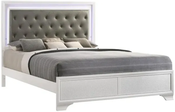 Benjara Lise King Size Bed, Fabric Upholstery, LED Lit, Modern Wood, White and Gray