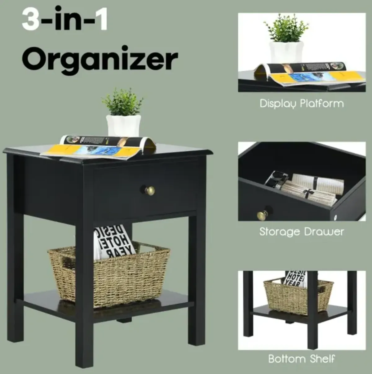 Hivvago Nightstand End Table with Drawer and Shelf