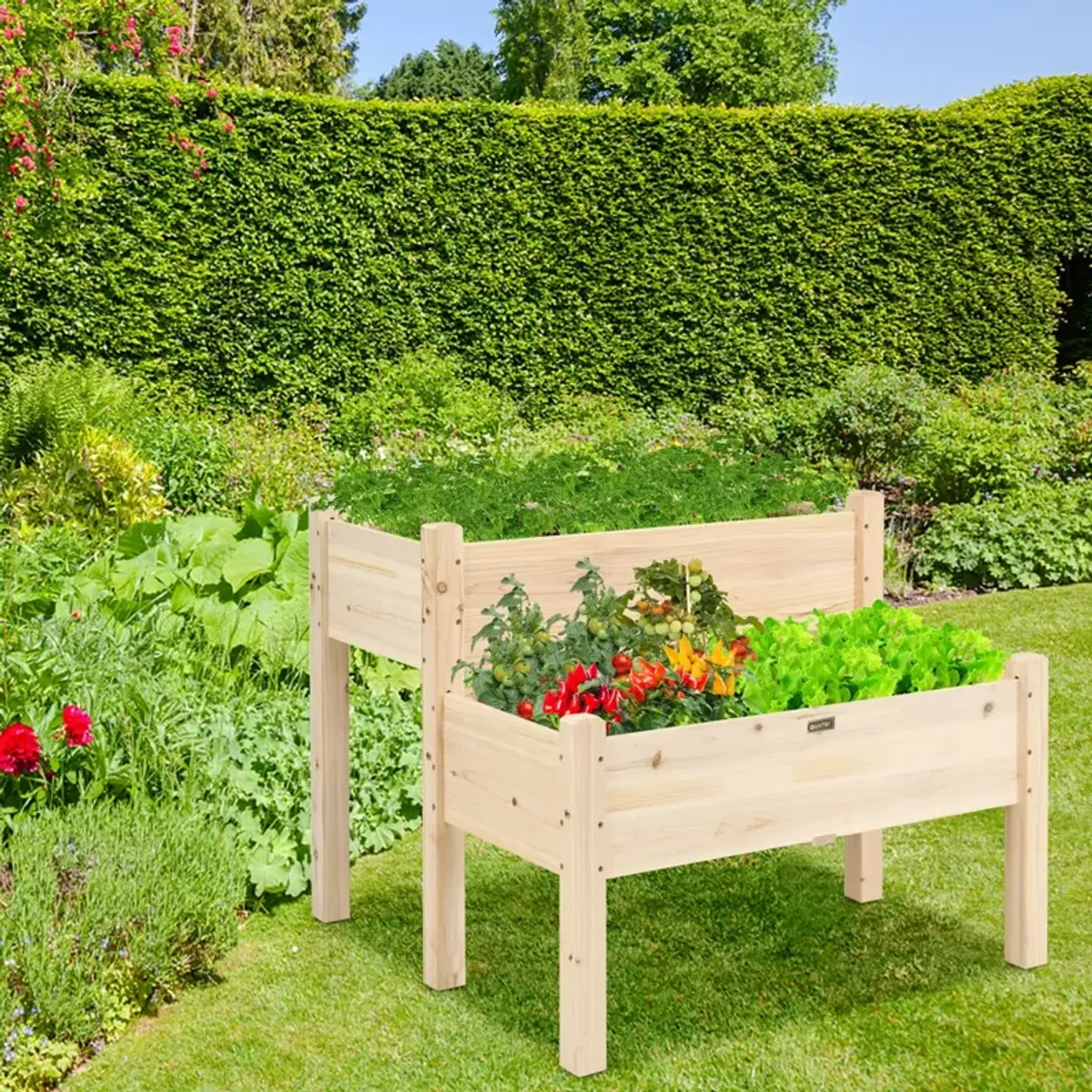 2 Tier Wooden Elevated Planter Box with Legs and Drain Holes for Balcony and Yard