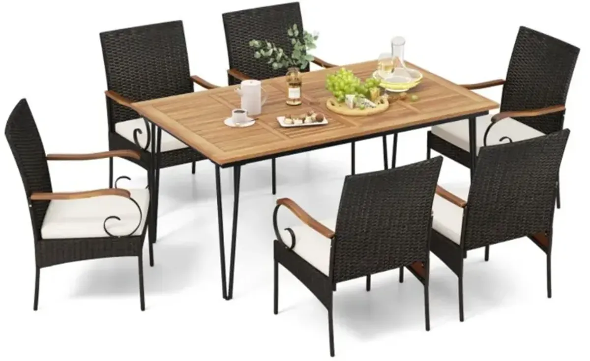 Hivvago 7 Pieces Patio Dining Set with Rattan Armchairs Soft Cushions 2" Umbrella Hole