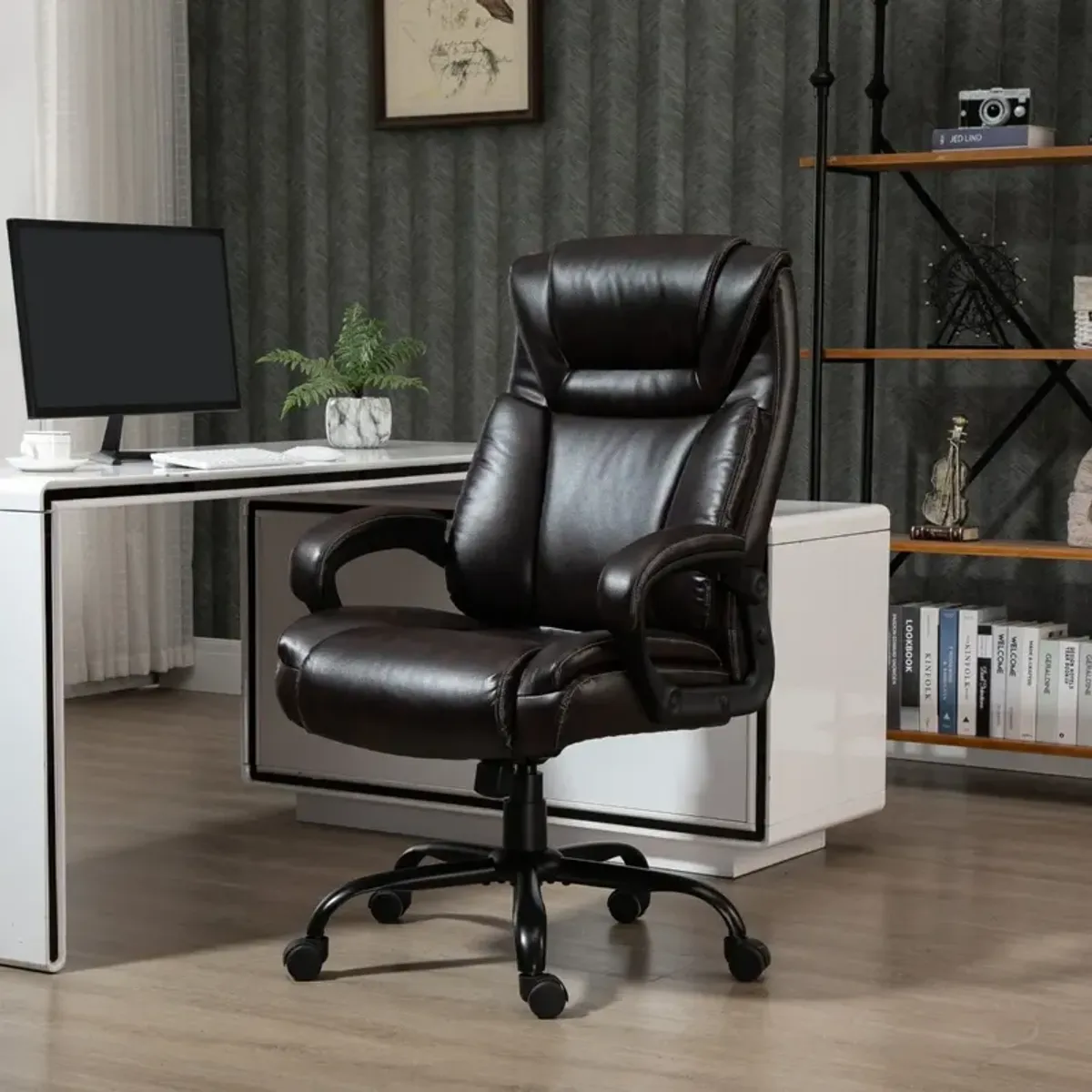 Brown Executive Comfort: 400lbs High Back PU Leather Ergonomic Chair