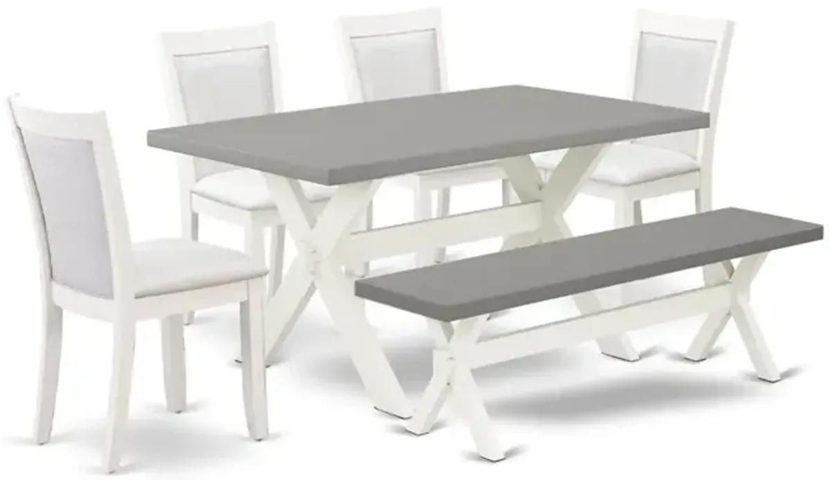 East West Furniture 6-Piece Modern Dining Table Set Includes a Kitchen Table - 4 Cream Linen Fabric Dining Chairs with Stylish Back and a Dining Bench - Wire Brushed Linen White Finish