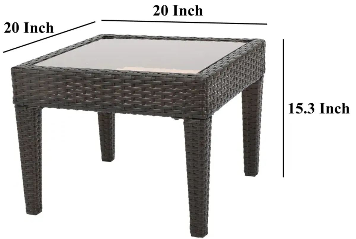 Annie Outdoor Accent Table, Square Tempered Glass 20 Inch Brown Wicker - Benzara